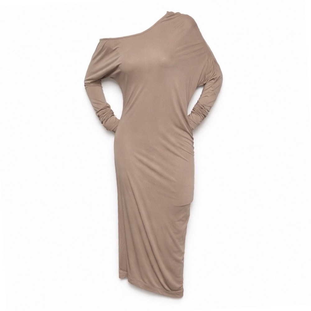 BCBG Max Azria‎ Taupe One Shoulder Midi Dress Ruched Size M